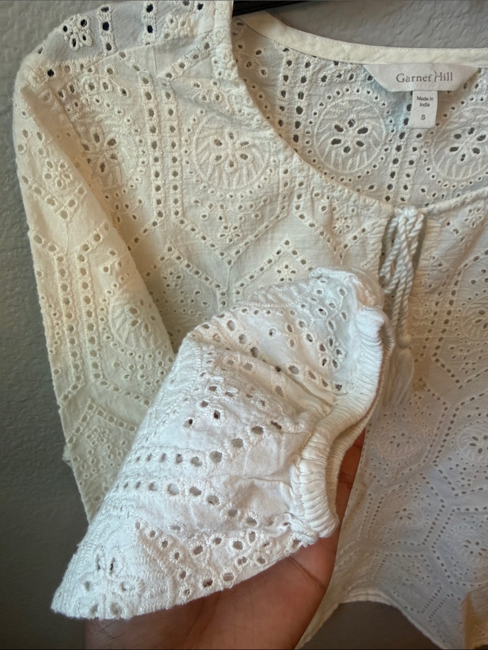 Boho Chic Garnet Hill White Eyelet Peasant Tassel Tunic Long Sleeve Blouse - Picture 3 of 6